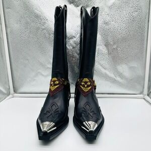 Versace Black Leather Medusa Metal Toe Western Cowboy Boots IT 40 US 10 New Box